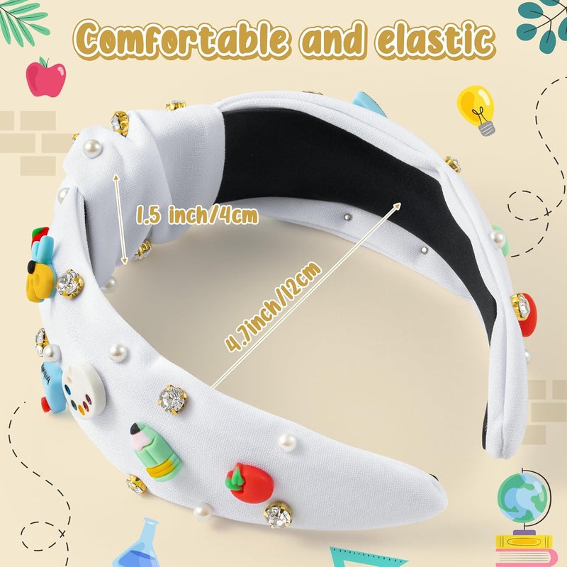 PANTIDE Teacher Jeweled Knotted Headband - Christmas Gift Apple Pencil Rhinestone Pearl Embellished Headband Wide Top Knot Hair Accessories Teacher Appreciation Birthday for Women Girls (White) - Image 2